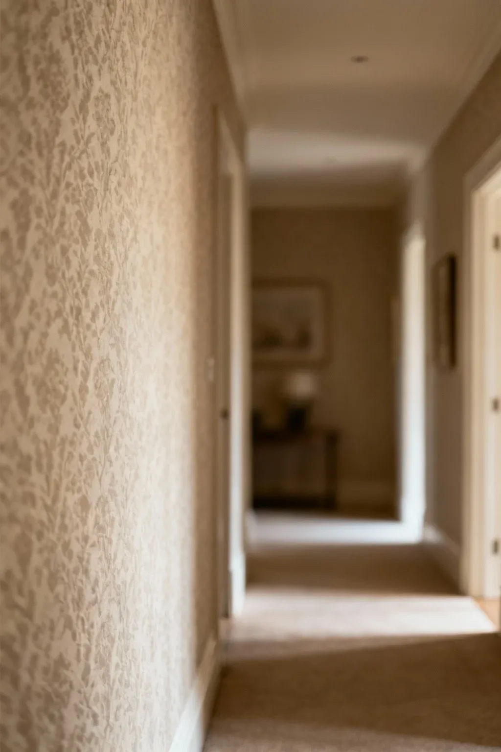 A hallway with textured wallpaper adding depth and sophistication.