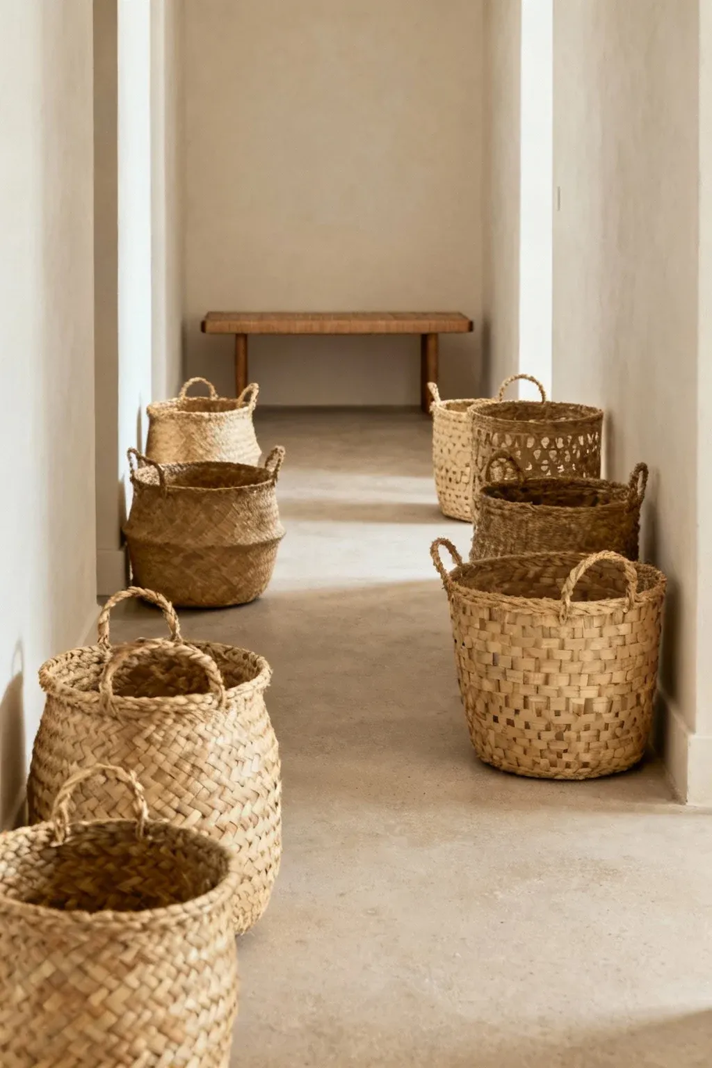Artisan baskets in a hallway providing stylish storage for shoes.