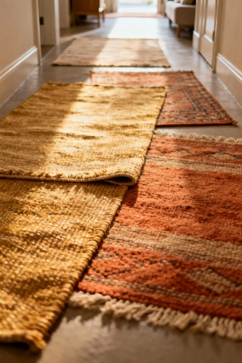 A hallway featuring layered rugs that add warmth and texture.