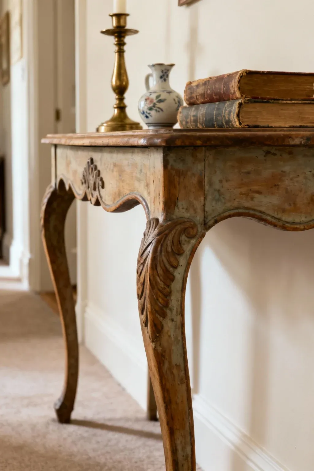 A vintage console table in a hallway displaying decorative items.