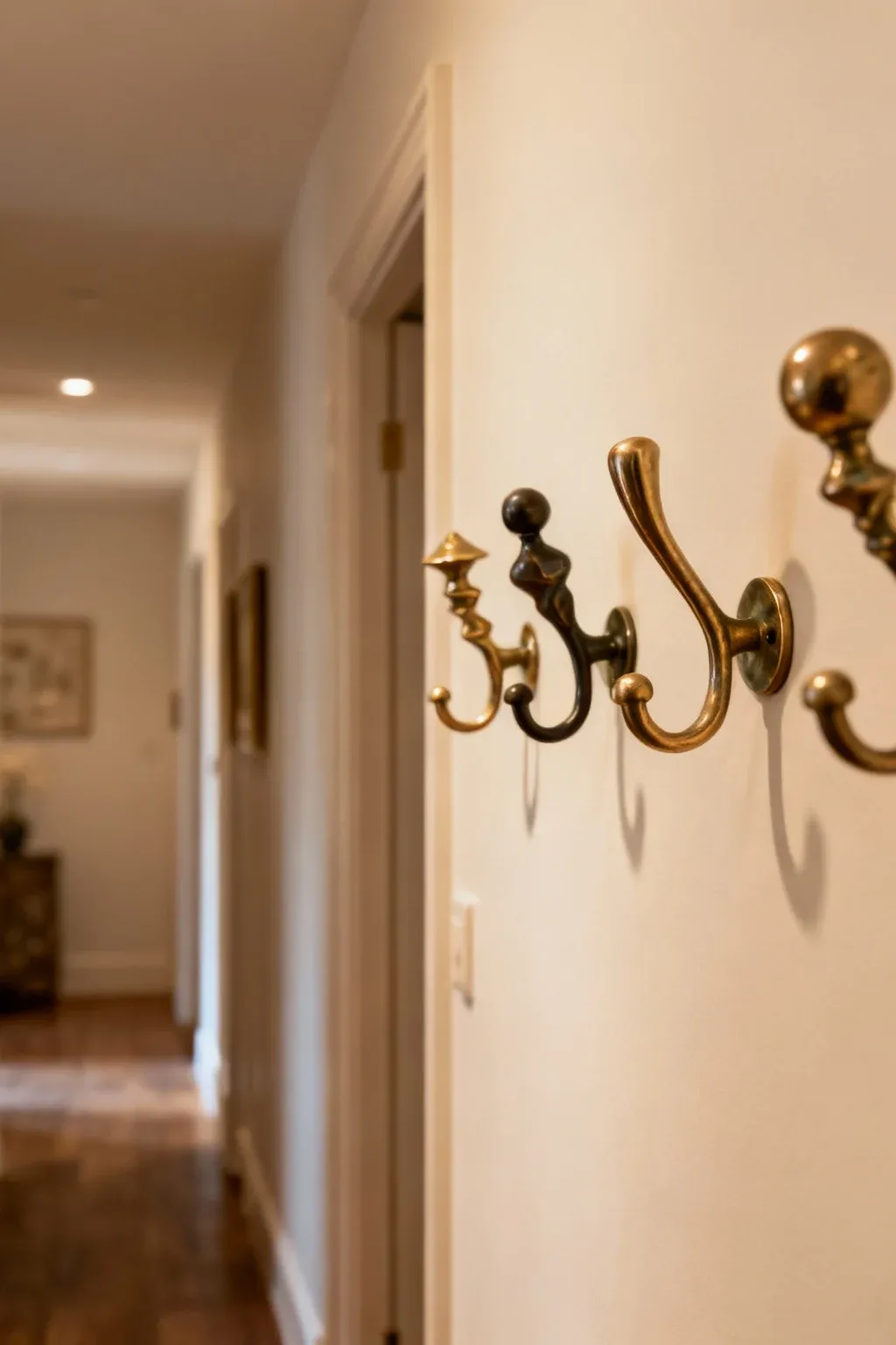 Decorative hooks in a hallway providing functionality and style.