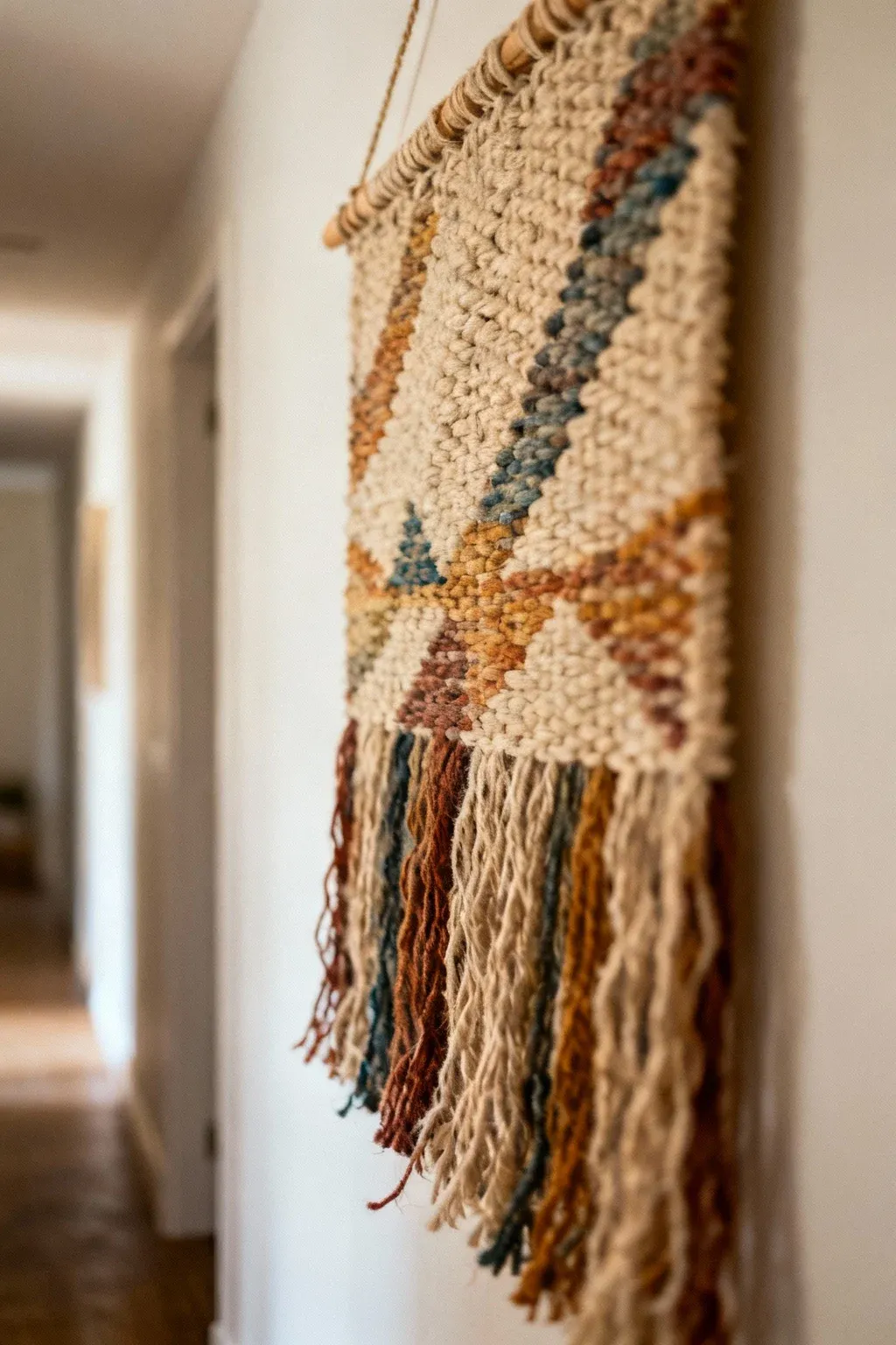 A woven wall hanging in a hallway adding texture and warmth.