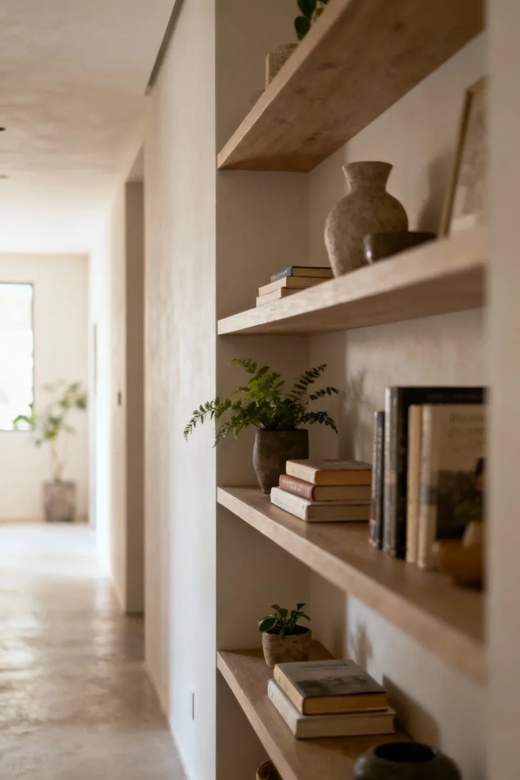 Open shelving in a hallway displaying books and decorative items.