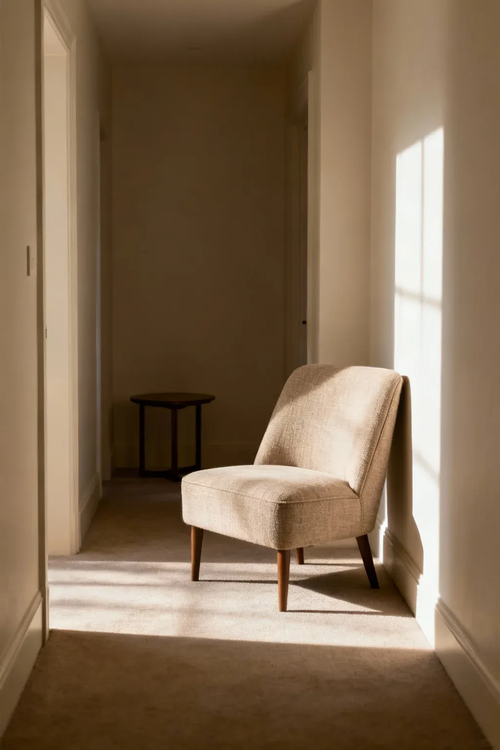 An accent chair in a hallway corner creating a cozy reading nook.
