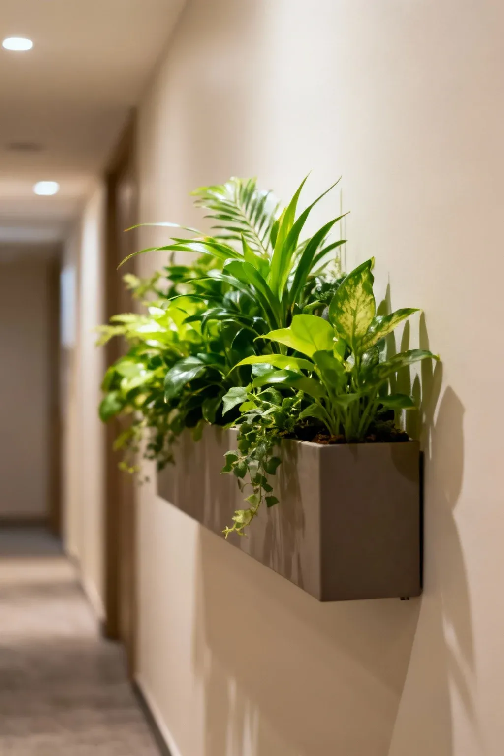 A wall-mounted planter in a hallway adding greenery and freshness.