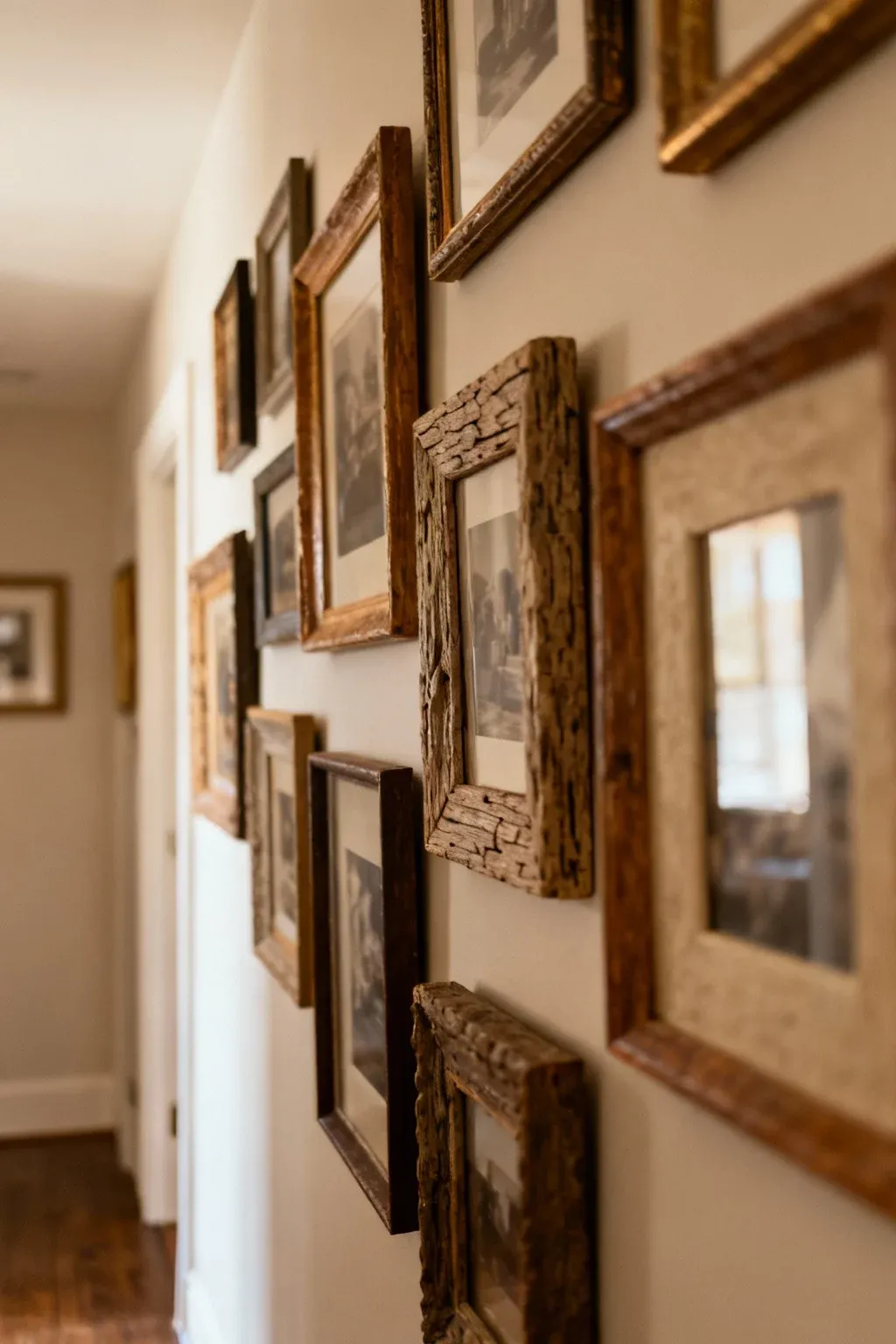 A hallway with mismatched frames creating an eclectic photo gallery.