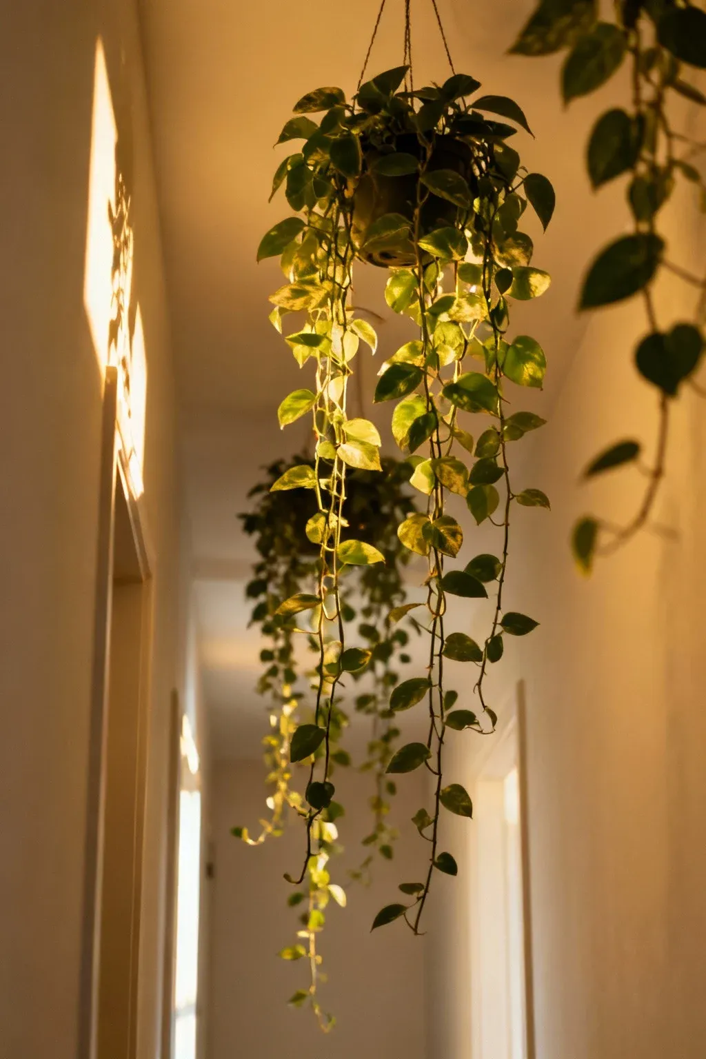 Hanging plants in a hallway adding a vertical element of greenery.