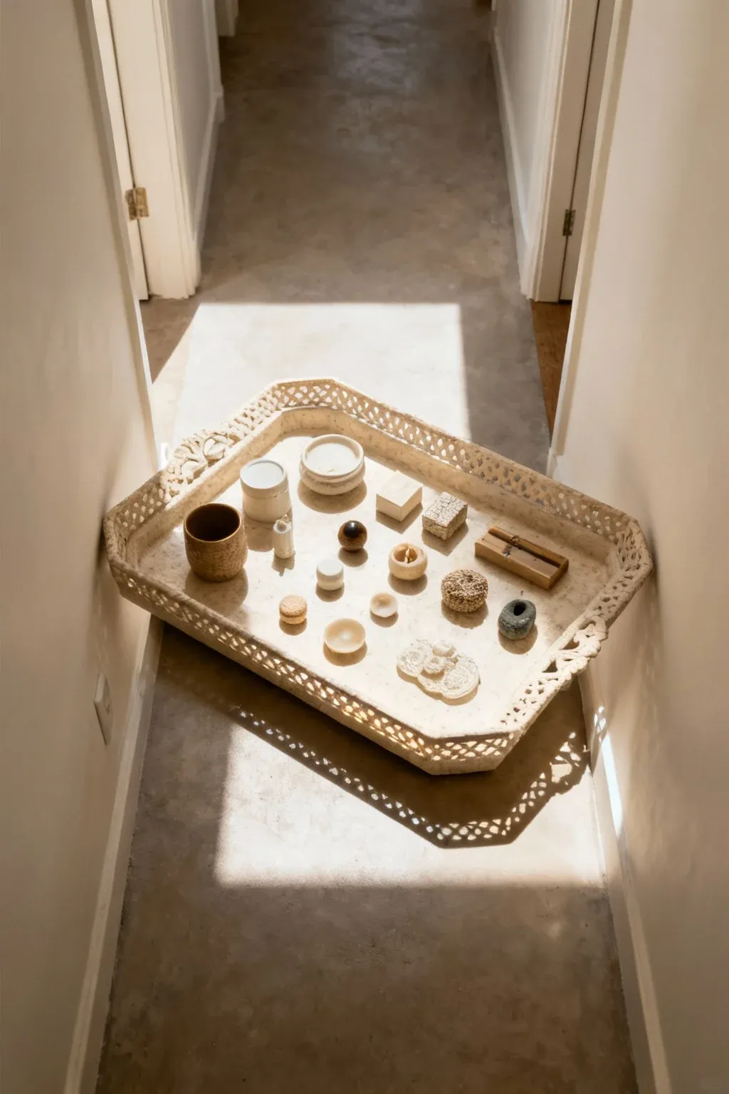 A decorative tray in a hallway organizing small items like keys.