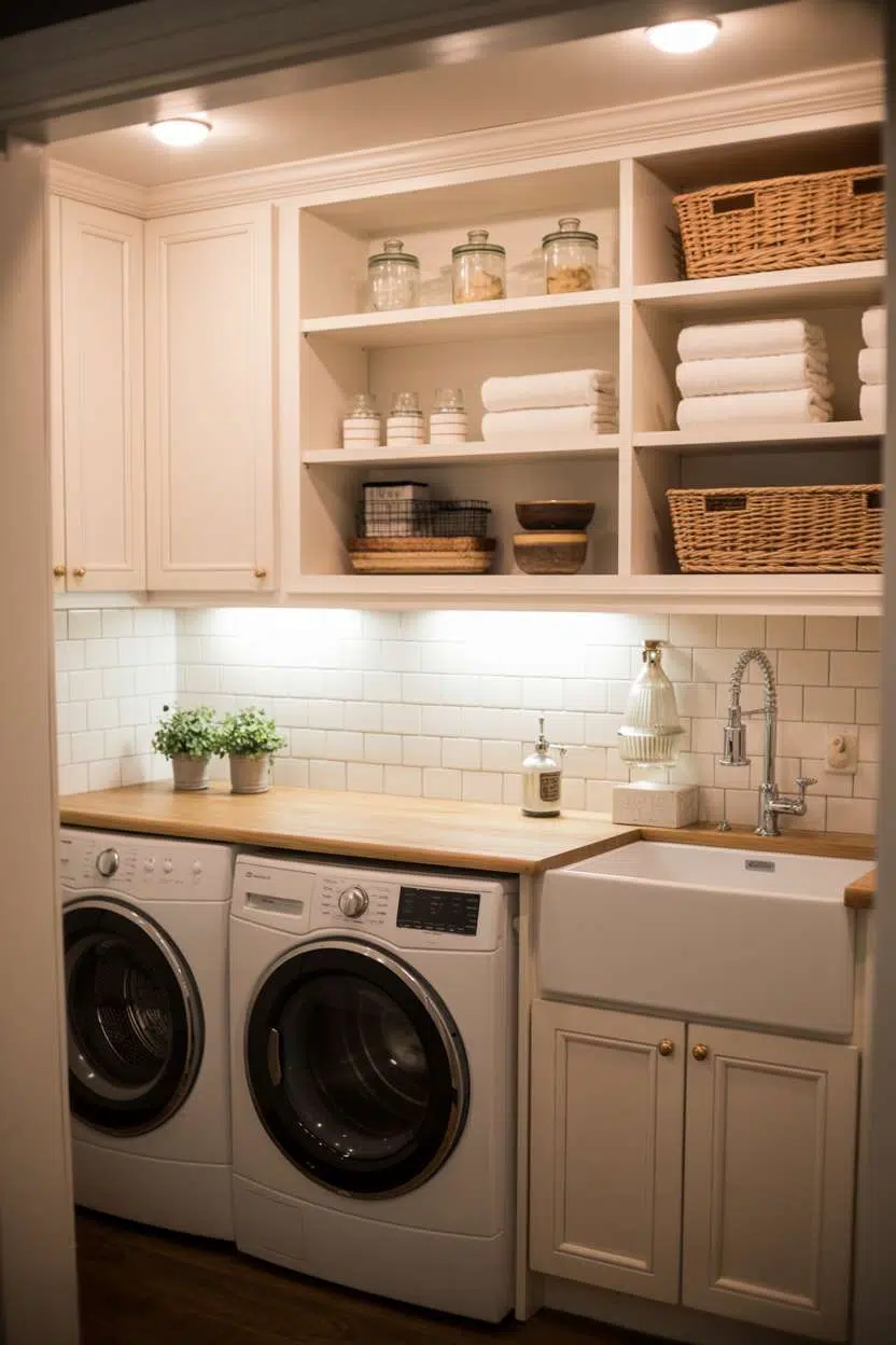 Small laundry room with white shaker cabinets, butcher block counters, and farmhouse sink
