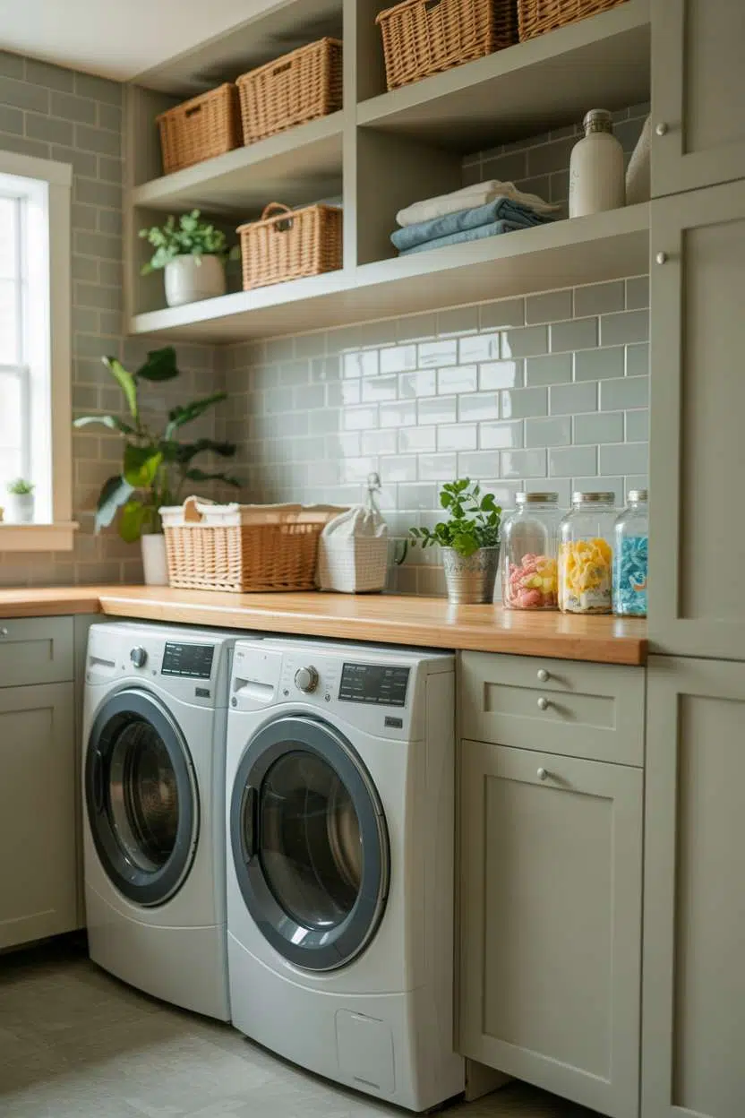 Laundry room featuring sage green cabinets, light gray subway tiles, and wood countertops