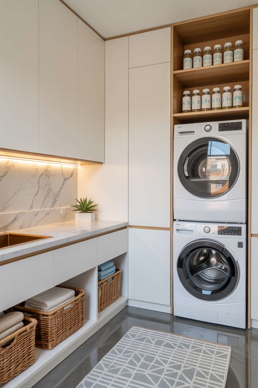 Modern laundry room with marble countertop, stacked washer and dryer, and gold hardware