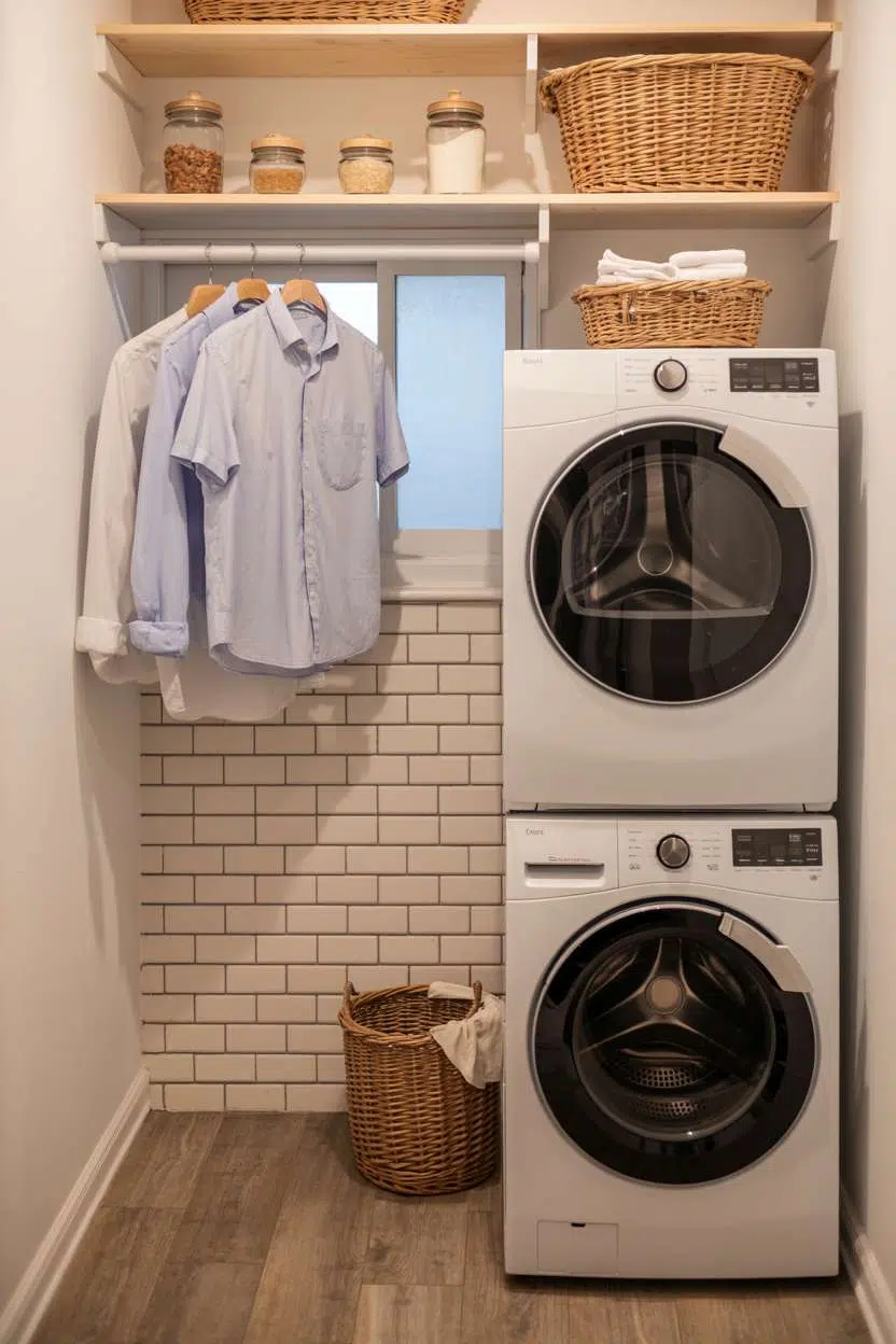Compact laundry room with stacked white appliances and wooden shelves