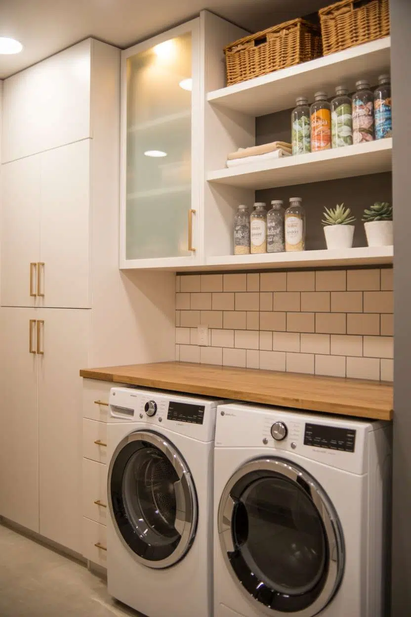 Laundry room with white cabinetry, brass hardware, and wooden countertop