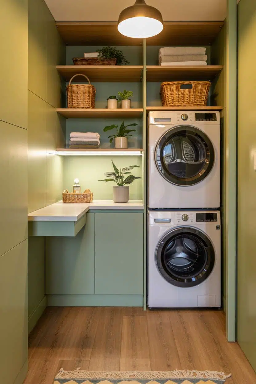 Laundry room with sage green accent wall, stackable appliances, and brass pendant light