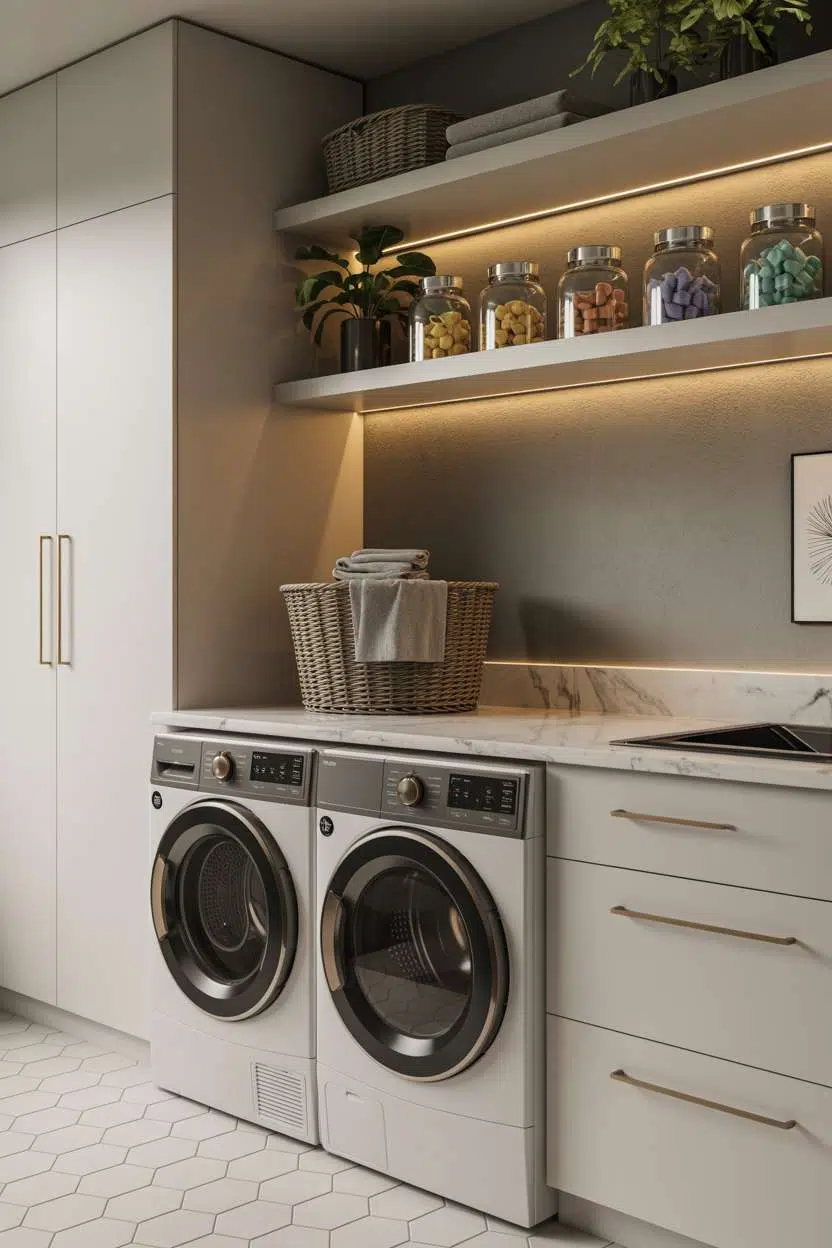 Laundry room with marble counters, gold hardware, and hexagonal tile flooring