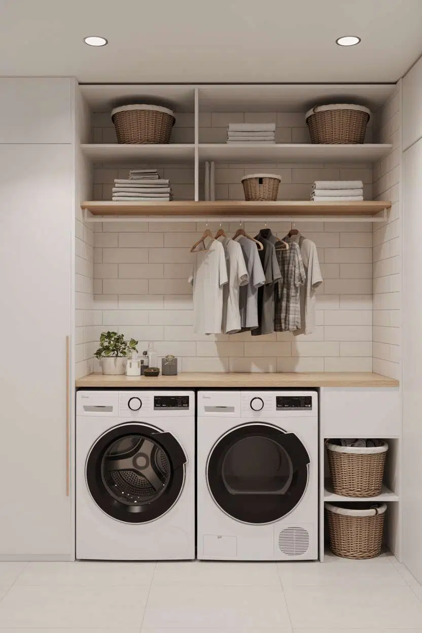 Minimalist laundry room with white and gray tones, floating shelves, and subway tiles