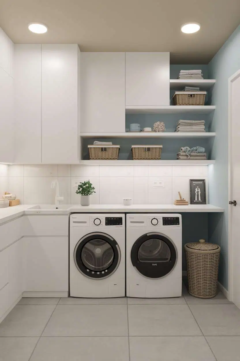 Laundry room with pale blue walls, white cabinetry, and light gray tile flooring
