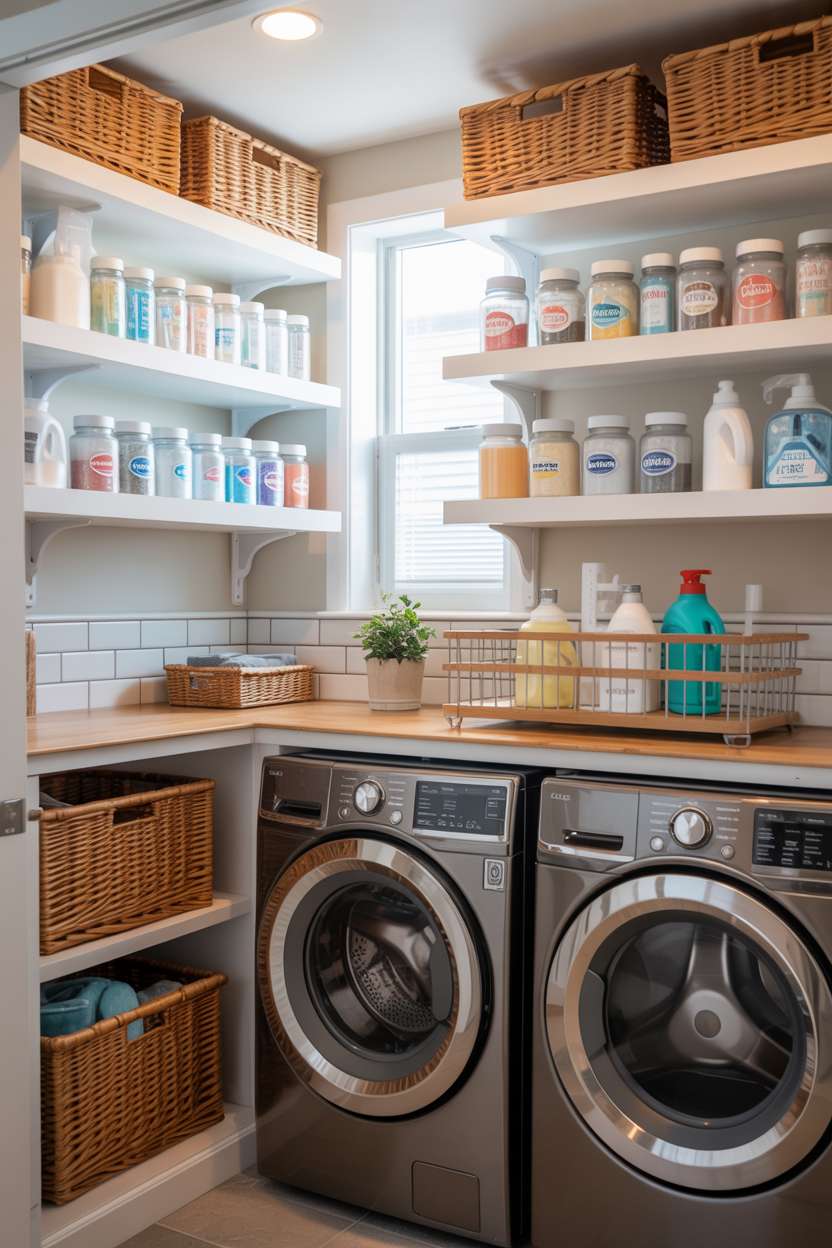 Bright laundry room with floating shelves, rolling cart, and subway tile backsplash