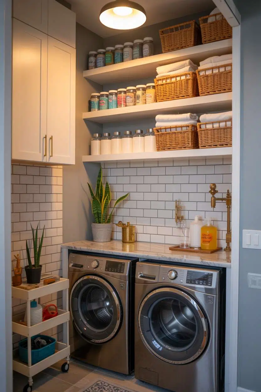 Compact laundry room with marble countertop, pendant lighting, and rolling cart