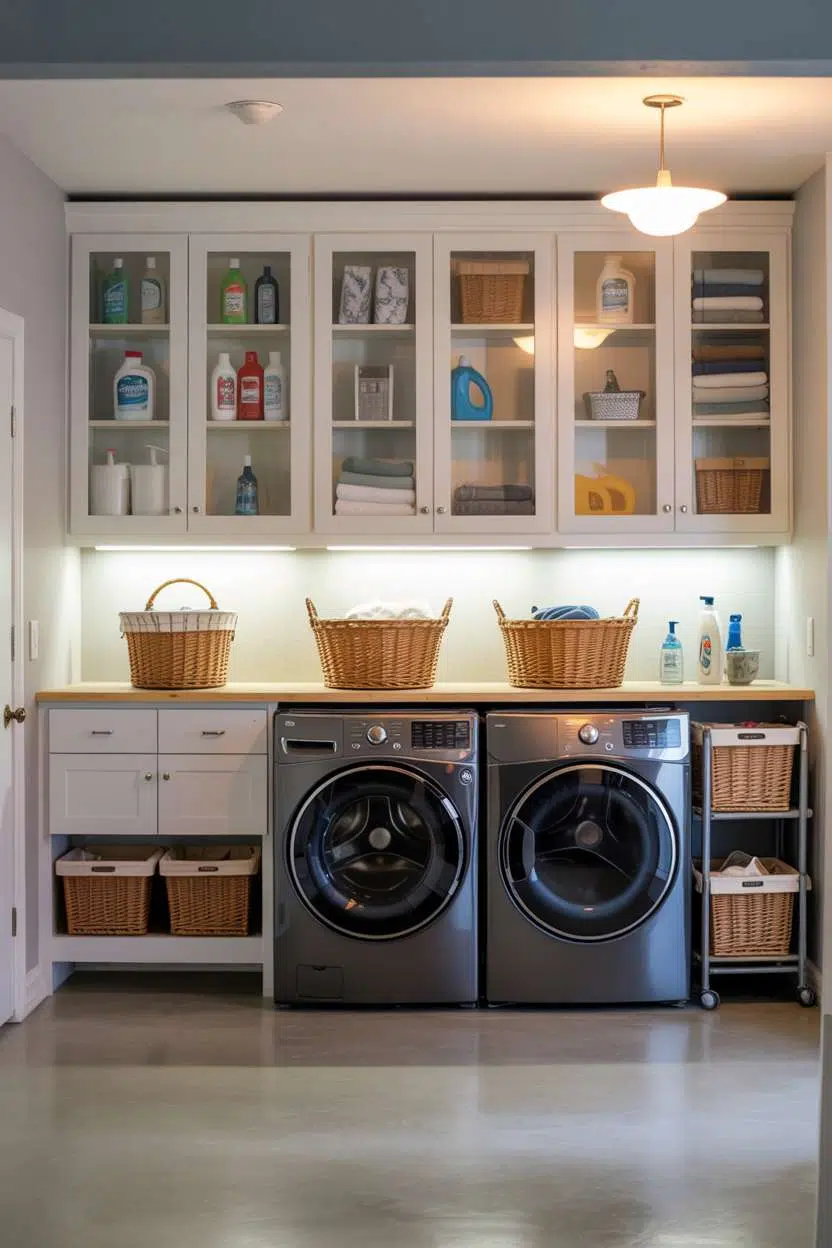 Basement laundry with glass-front cabinets, pull-out drawers, and rolling cart