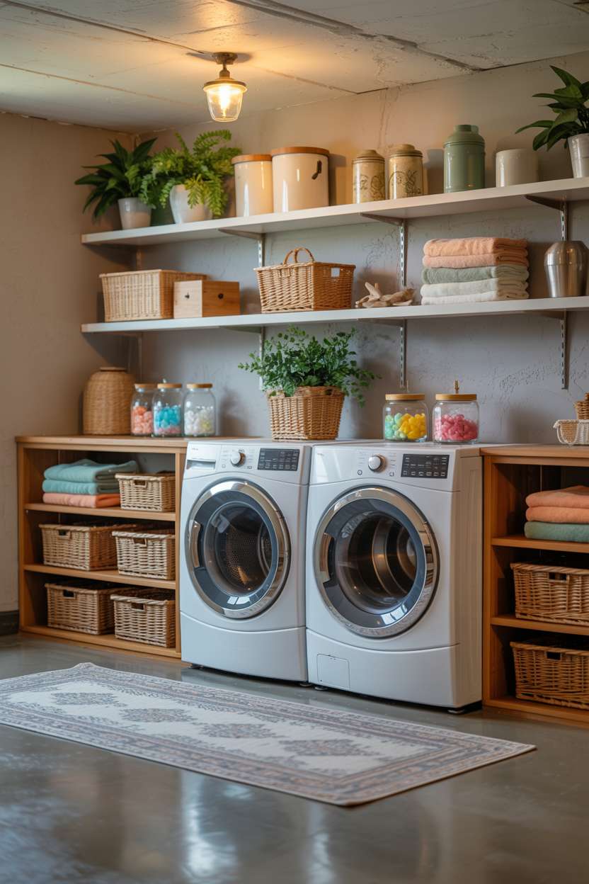 Basement laundry room with floating shelves, potted plants, and patterned rug