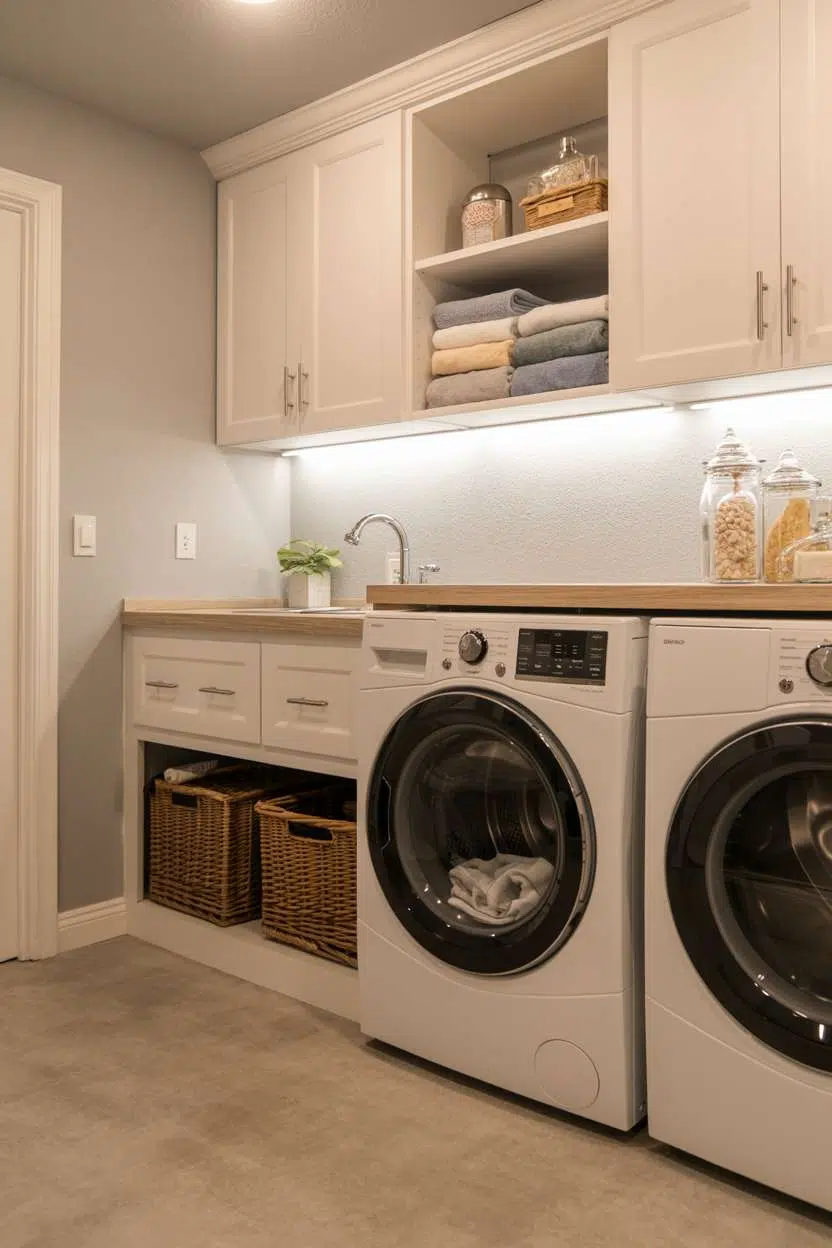 Basement laundry with white cabinets, oak vinyl flooring, and LED strip lighting