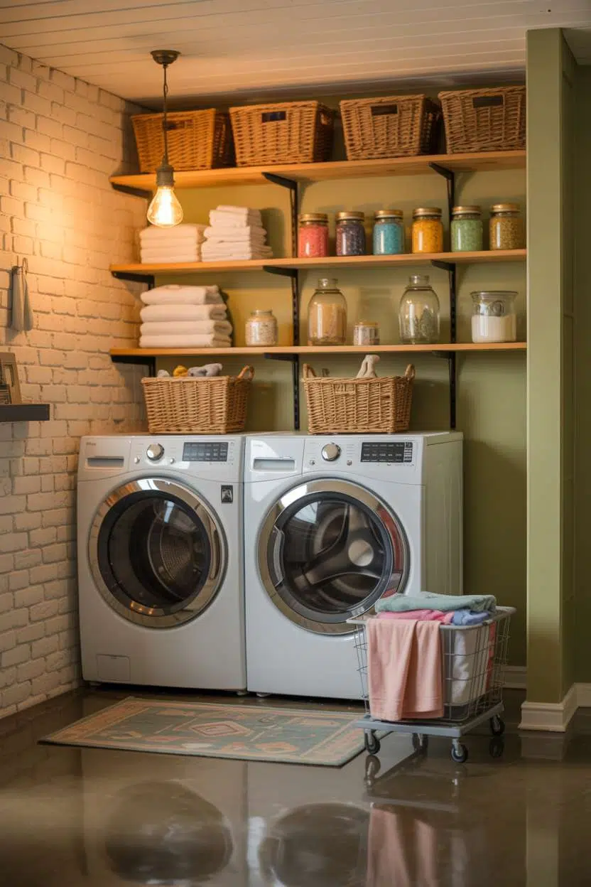 Cozy basement laundry with painted brick wall, vintage pendant light, and geometric rug