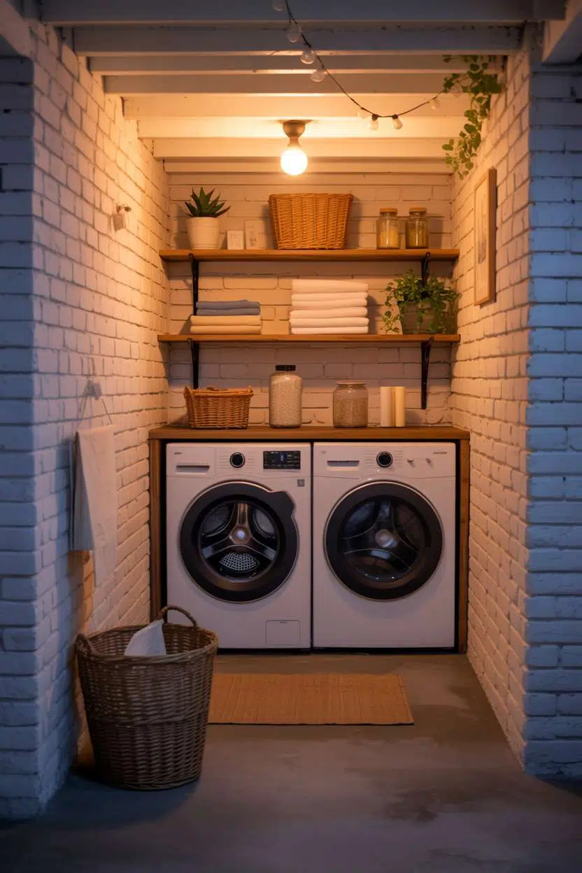 Small basement laundry with exposed brick, string lights, and vintage pendant lamp
