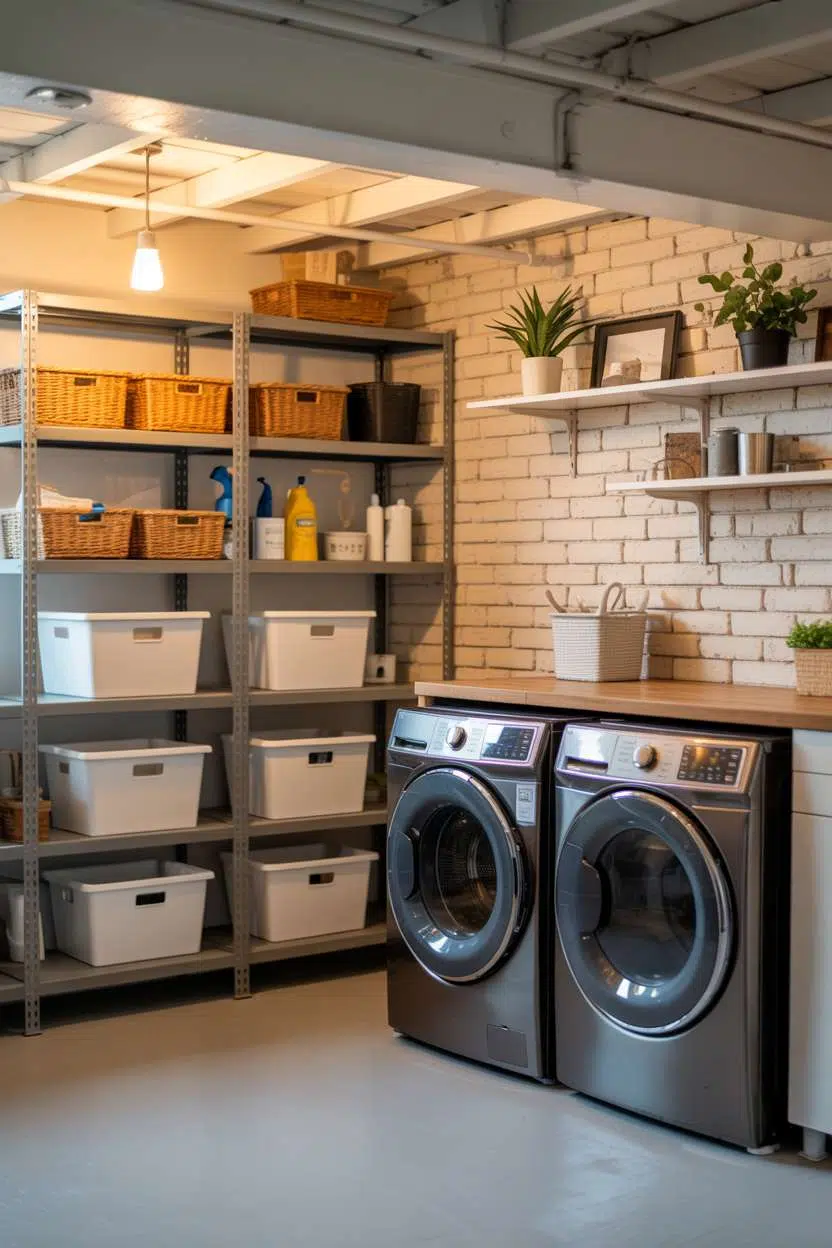 Basement utility room with exposed brick, industrial shelving, and wooden countertop