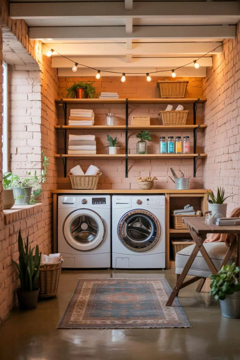 Cozy basement laundry with exposed beams, Persian rug, and string lights