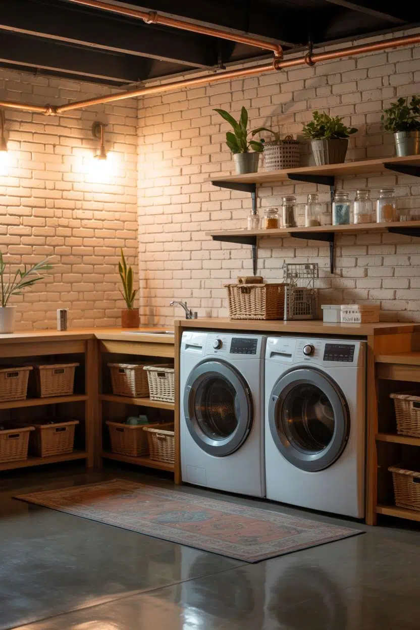 Basement utility room with exposed brick, copper pipes, and vintage area rug
