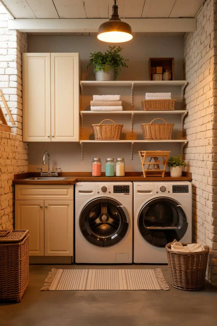 Small basement laundry with cream cabinets, exposed brick, and striped runner rug