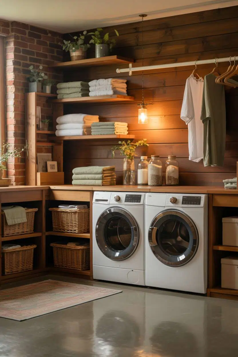 Basement laundry with wood-paneled walls, exposed brick, and hanging rods