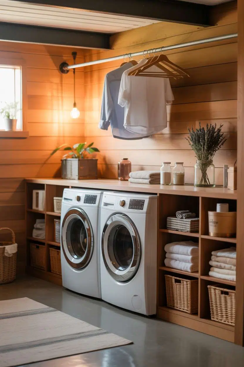 Small basement laundry with wood panels, Edison bulbs, and hanging rod