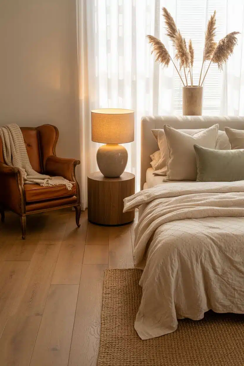 Cozy guest room with vintage leather armchair and cream linen bedding