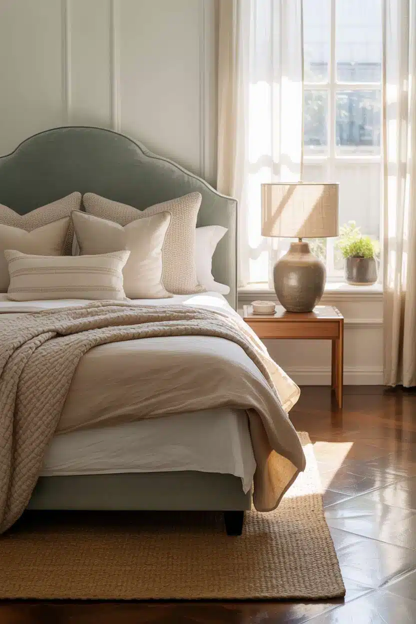 Guest room with sage green velvet headboard and neutral bedding layers