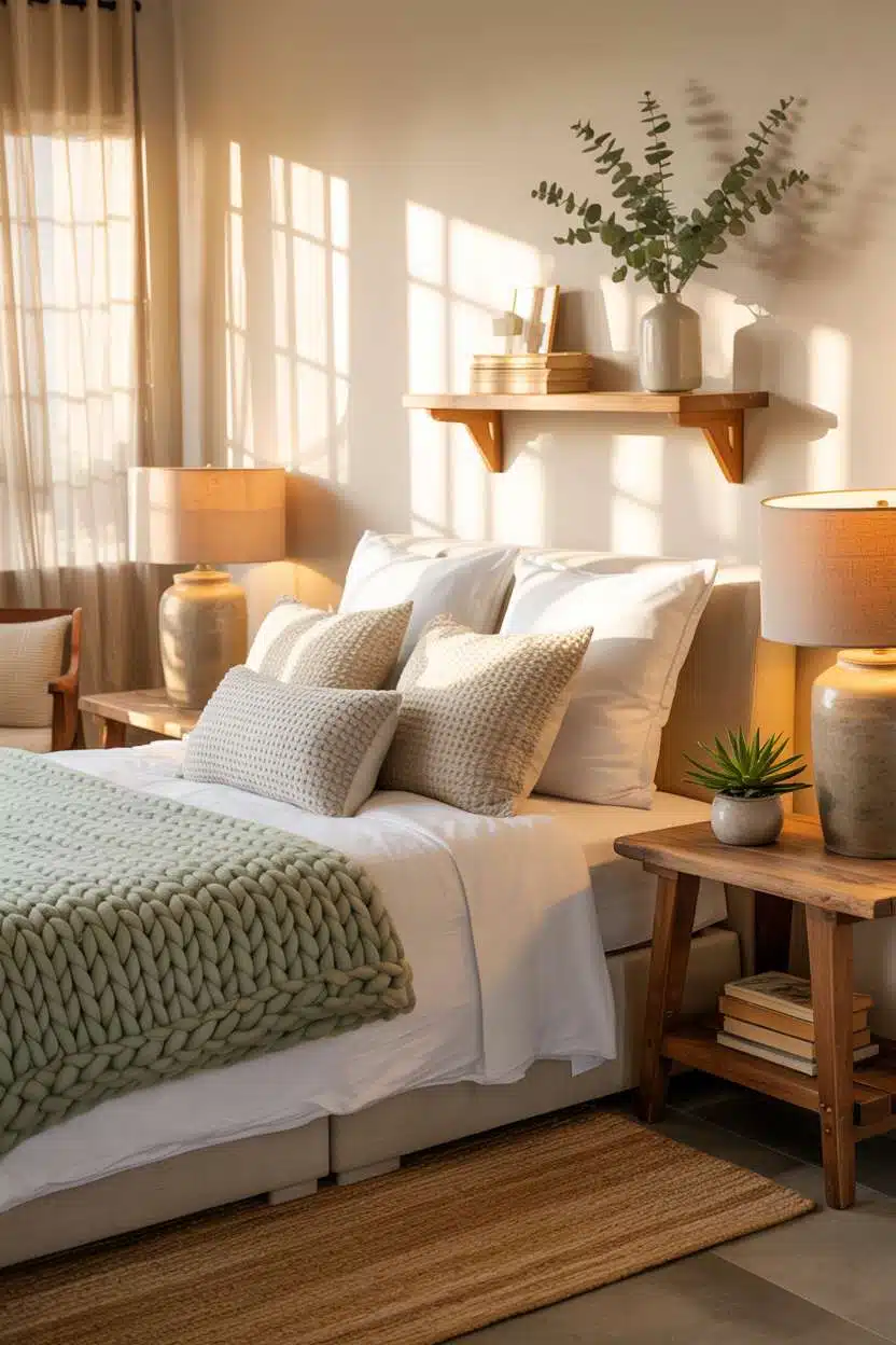 Guest bedroom with sage green chunky knit throw and vintage book styling