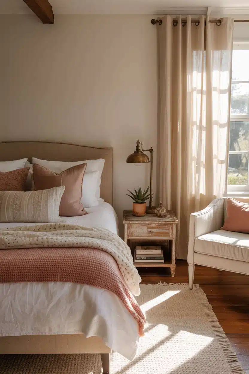 Inviting guest bedroom with dusty rose throw and earth-toned pillows