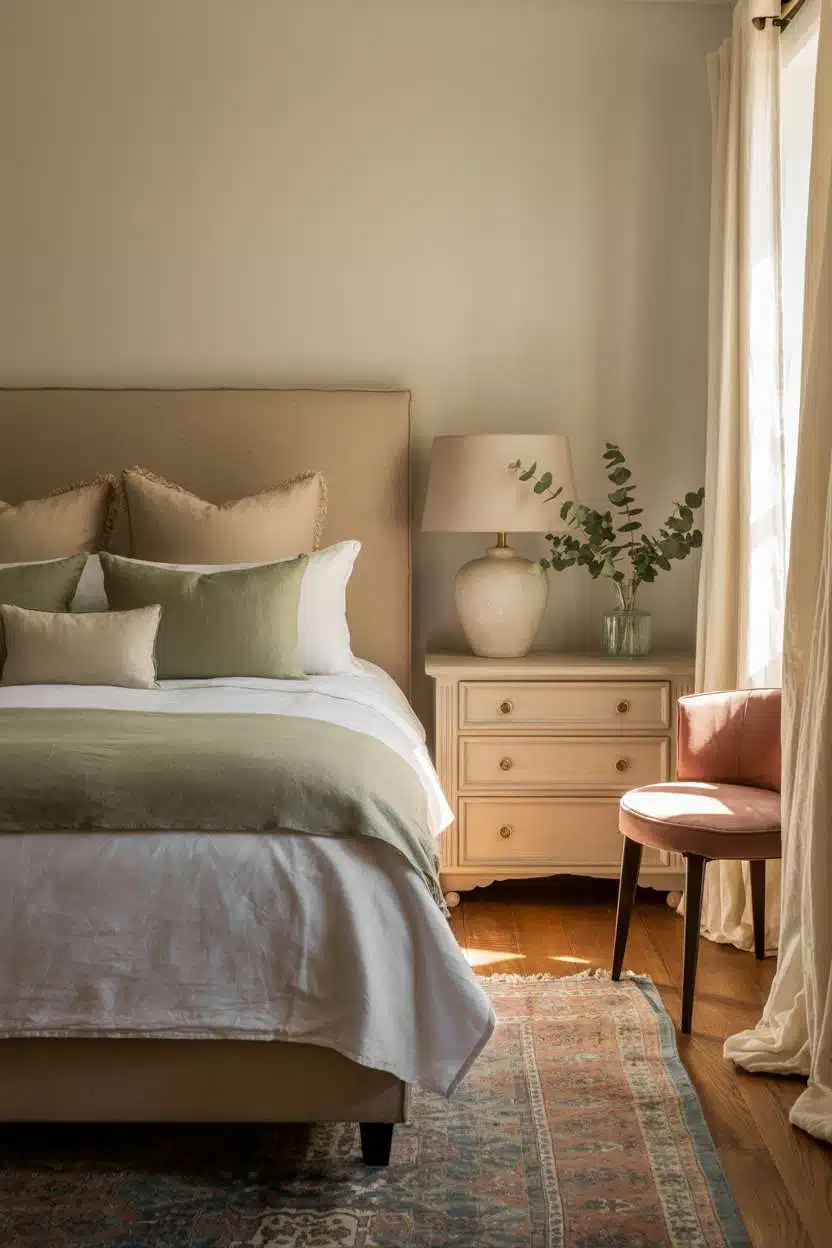 Sophisticated guest bedroom with vintage Persian rug and dusty rose velvet chair