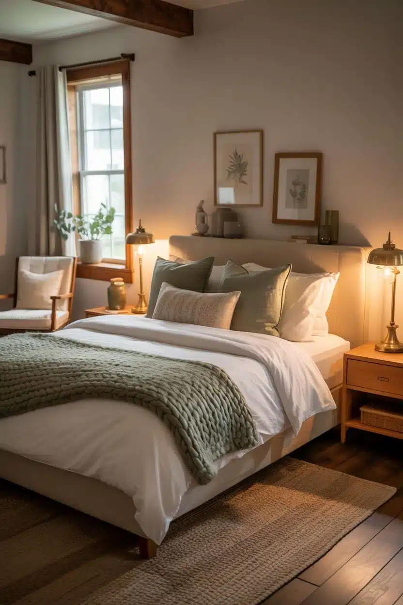 Guest bedroom with wooden ceiling beams and botanical wall art