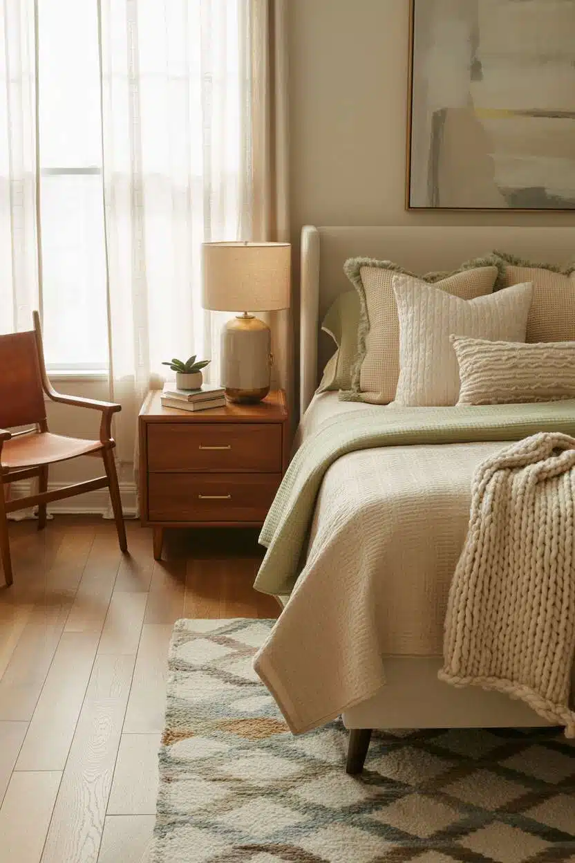 Stylish guest bedroom with geometric wool rug and vintage leather reading chair