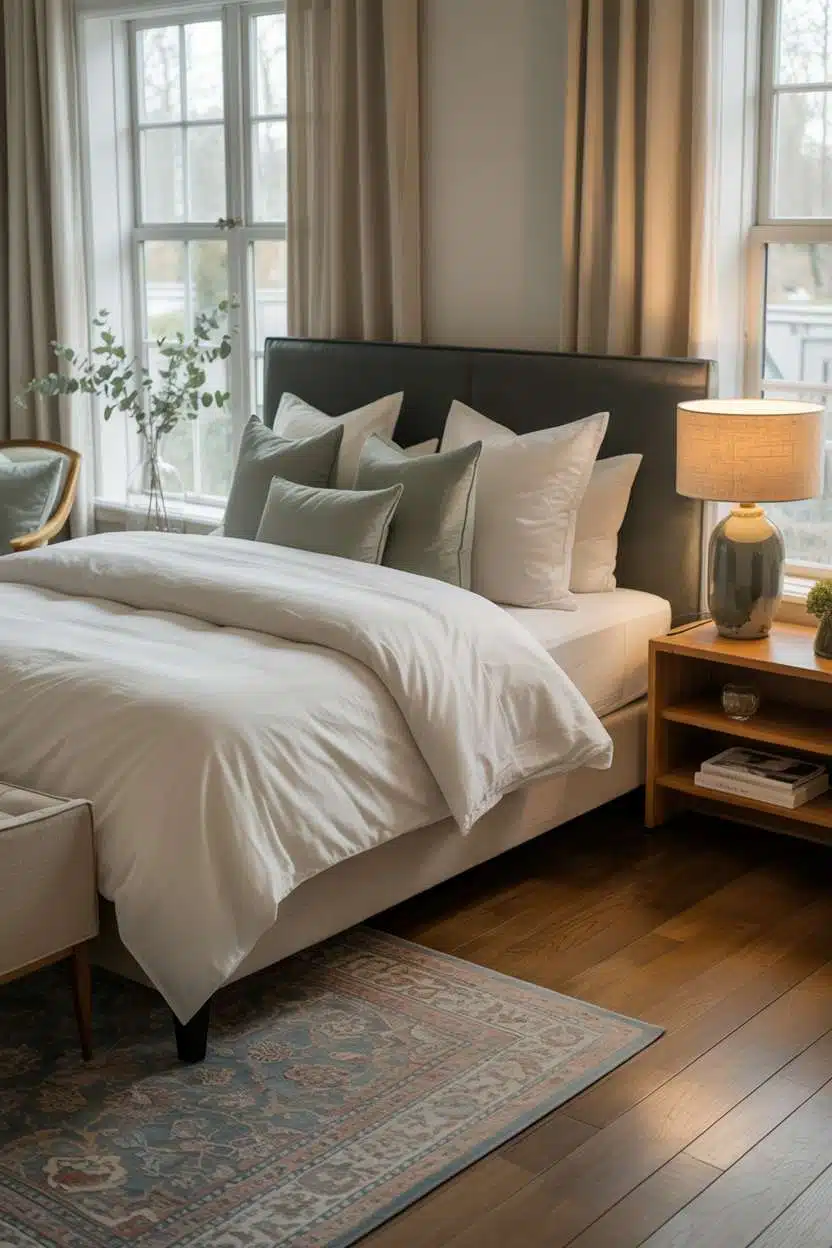 Guest room with charcoal gray headboard and Persian rug in blues and creams