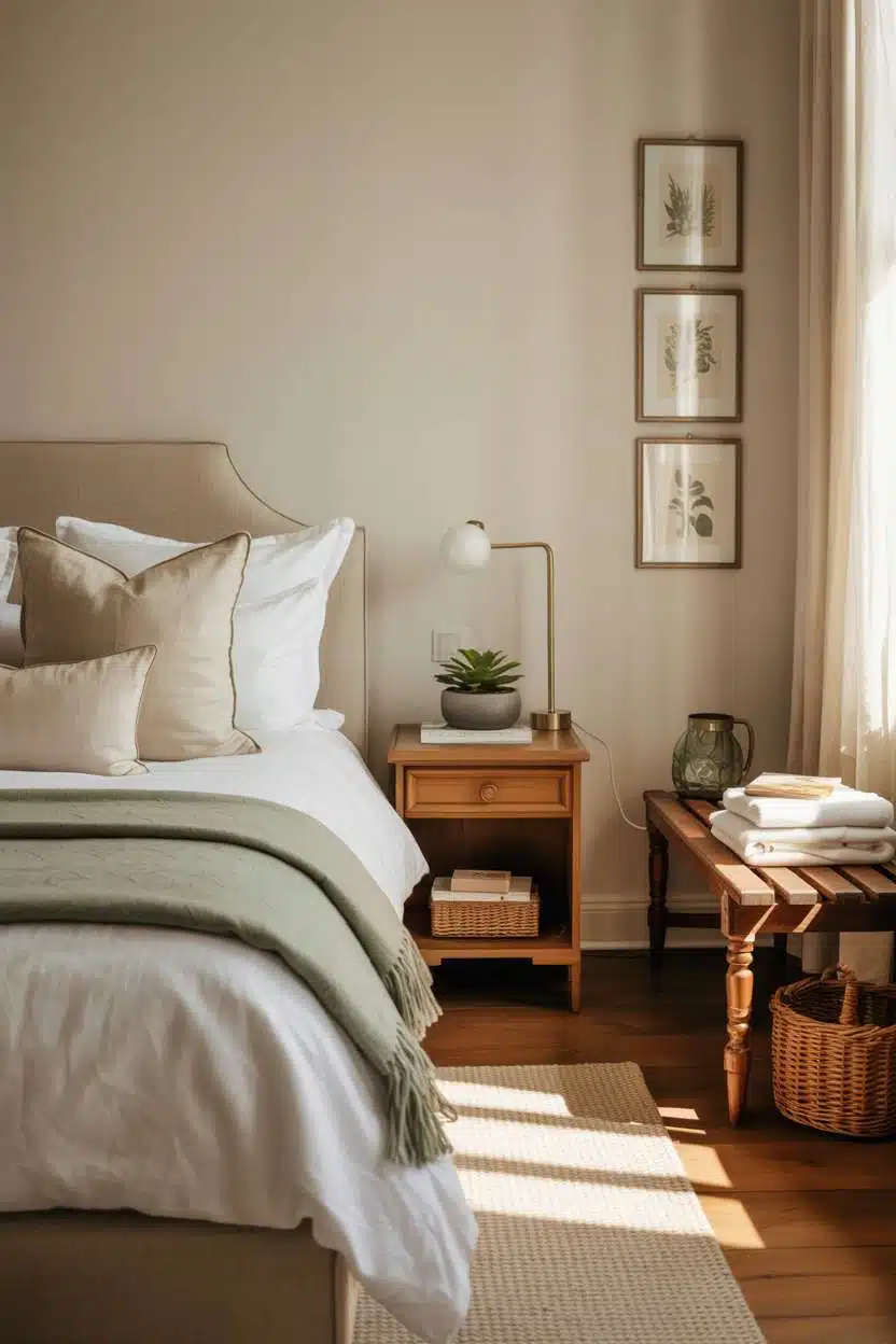 Guest bedroom with botanical print gallery wall and vintage wooden bench