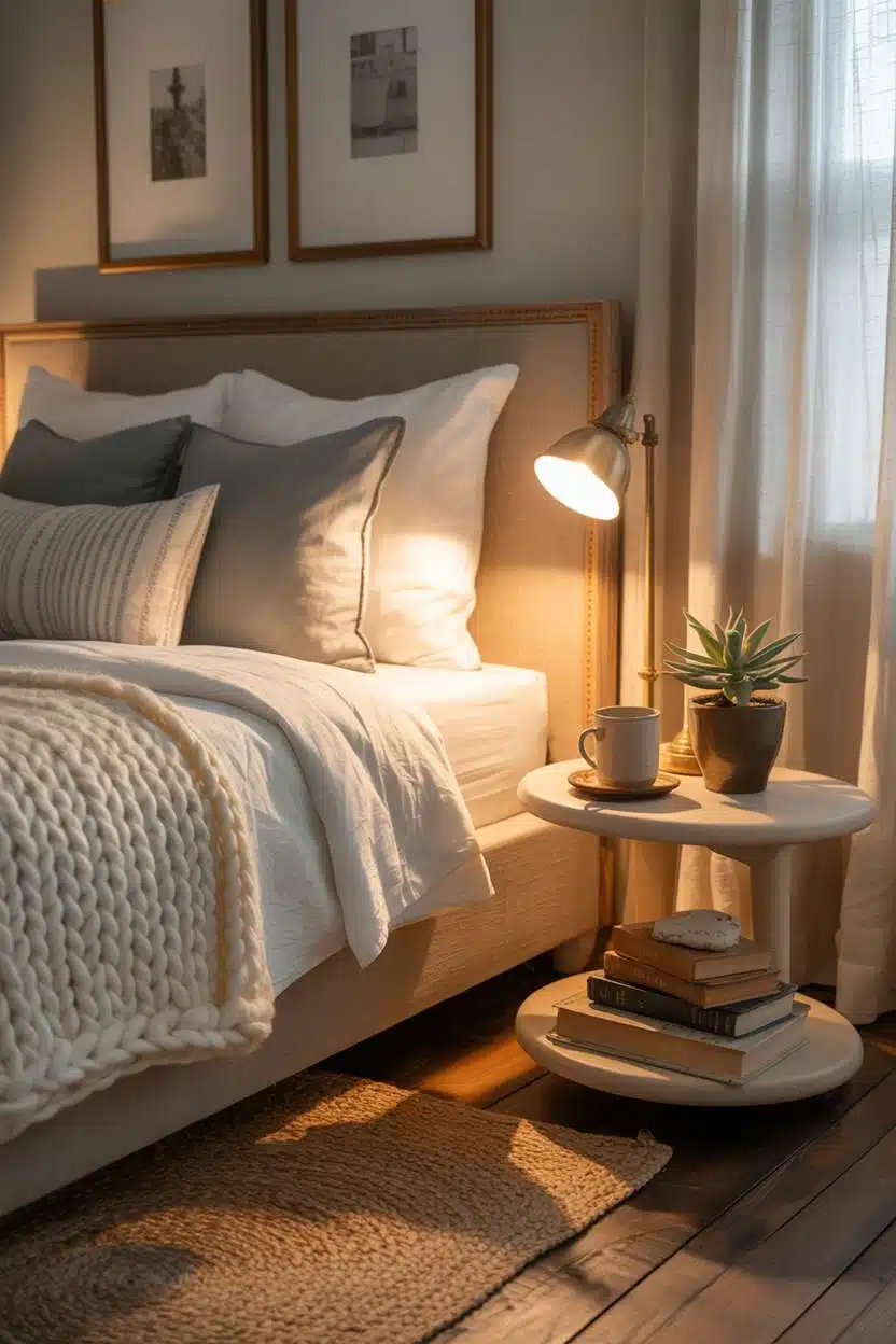 Cozy guest bedroom with brass reading lamp and leather-bound books on nightstand