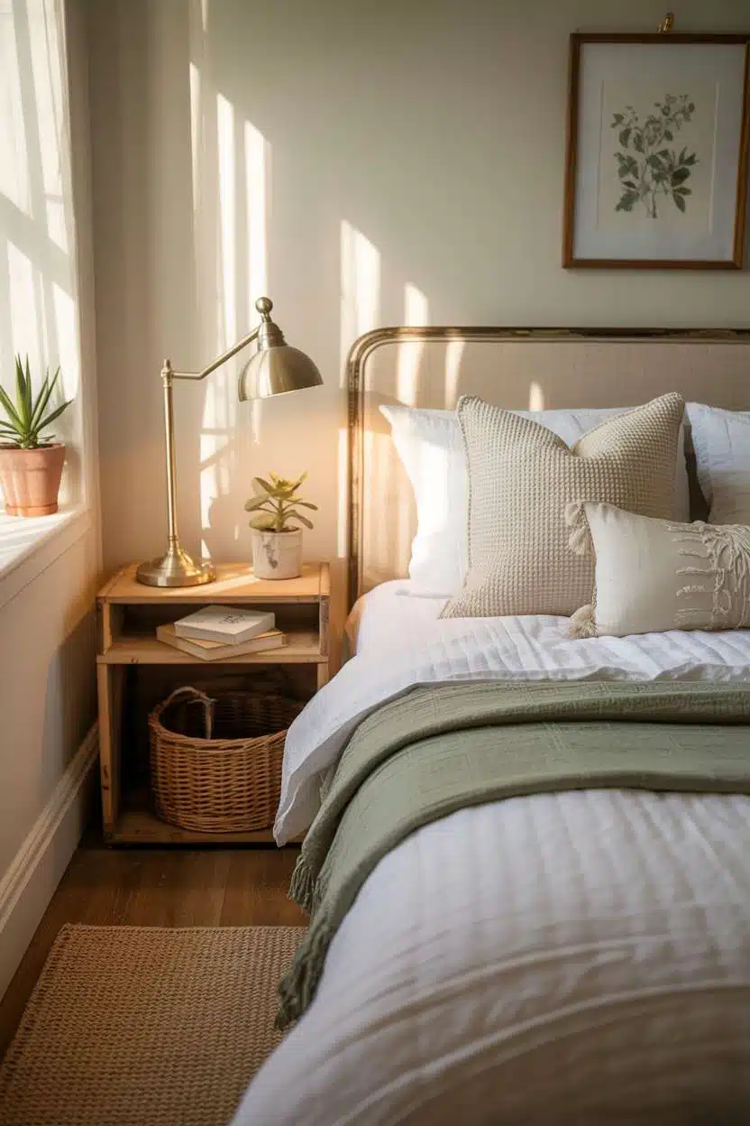 Small guest bedroom with reclaimed wood nightstand and sage green throw