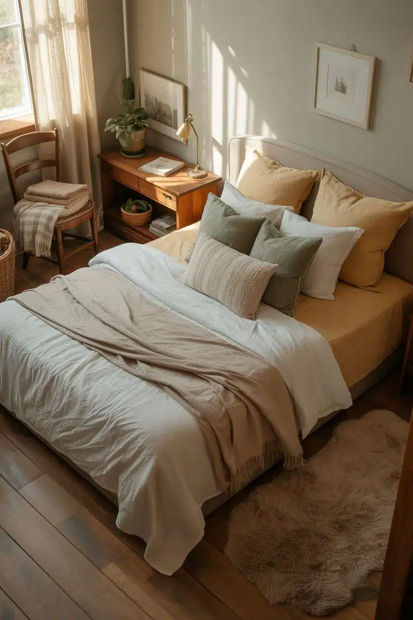 Peaceful guest bedroom with pale gray walls and vintage wooden chair