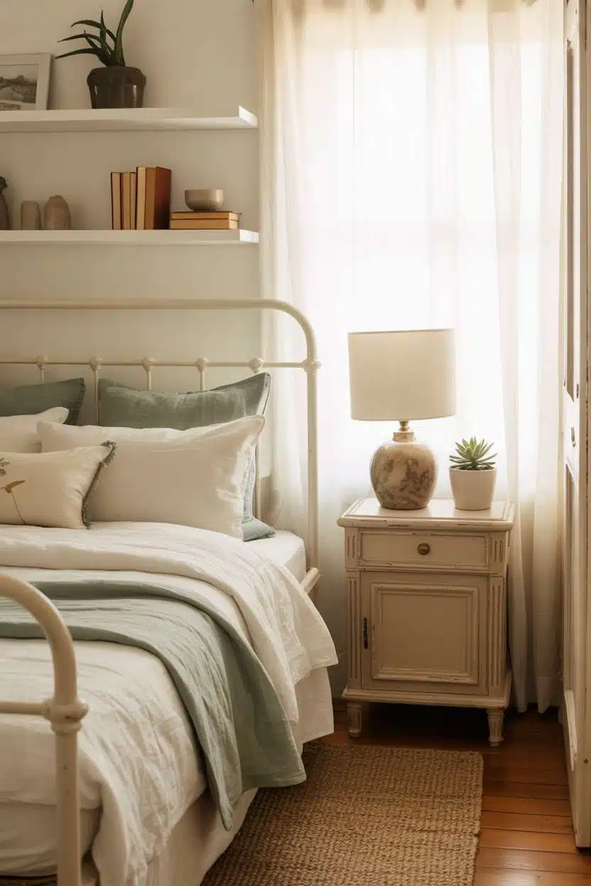Guest bedroom featuring white iron bed frame and floating shelves