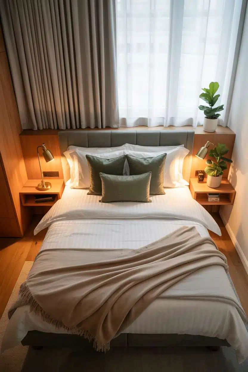 Modern guest bedroom with floating nightstands and fiddle leaf fig plant