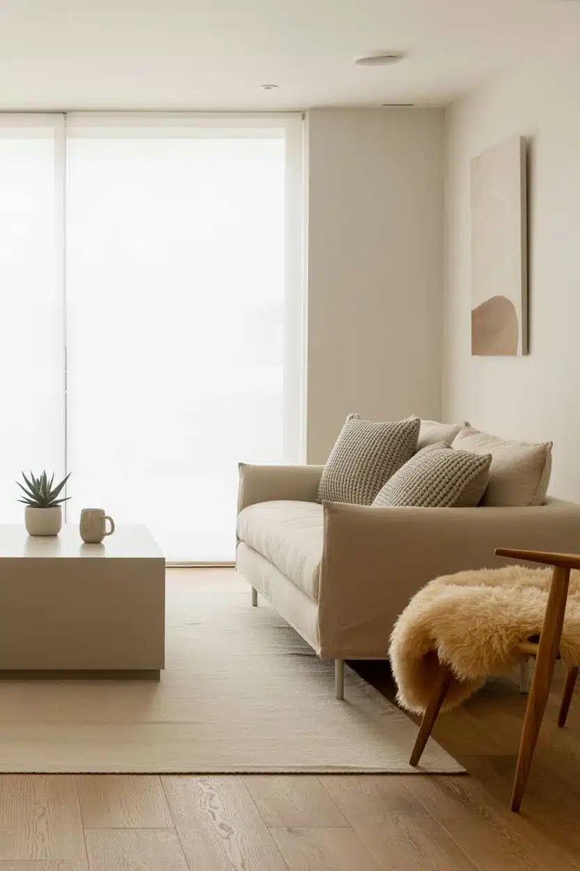 Nordic living room featuring light oak floors, beige linen sofa, and floor-to-ceiling windows