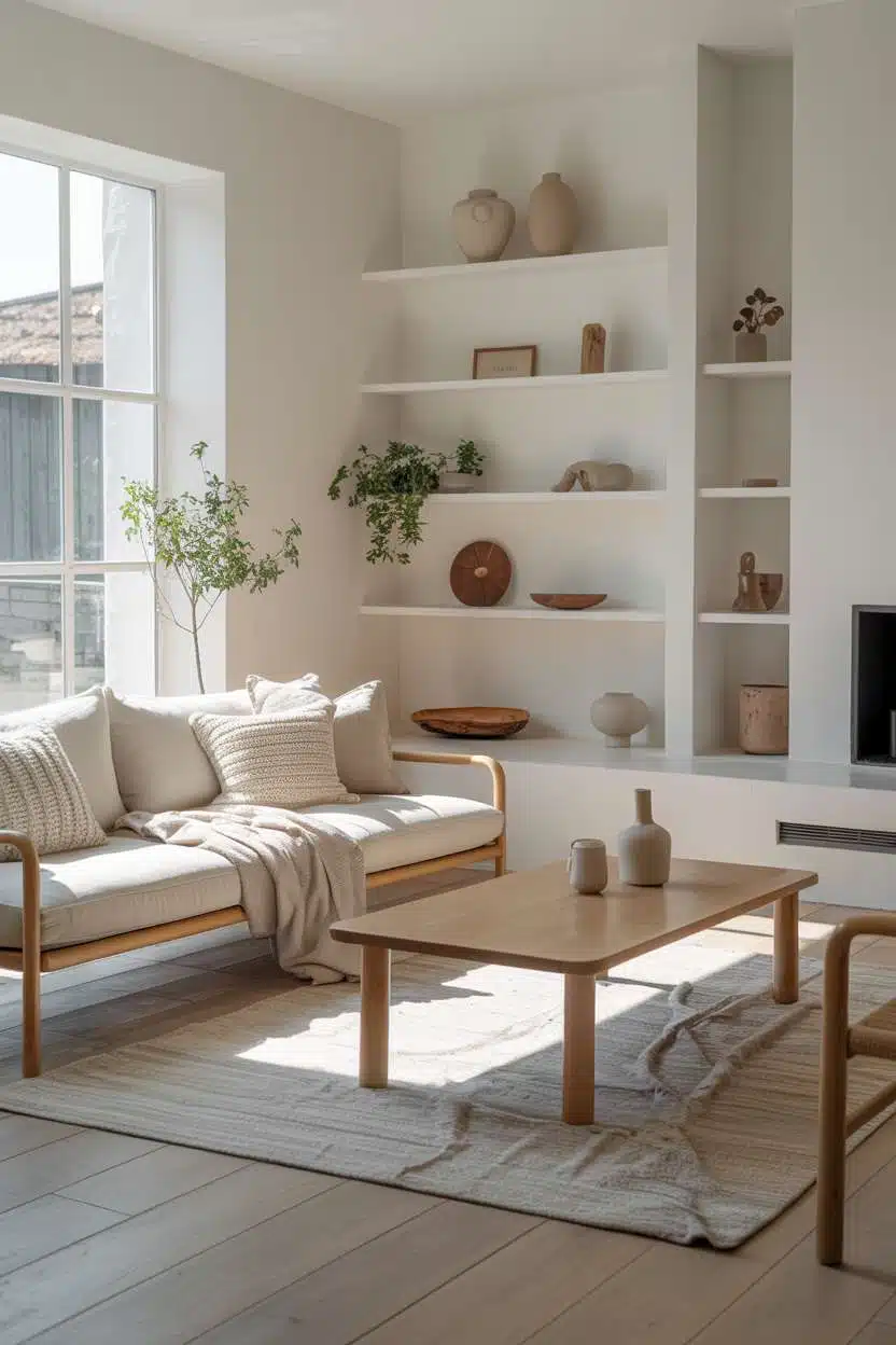 Nordic interior design with built-in white shelving and cream sofa